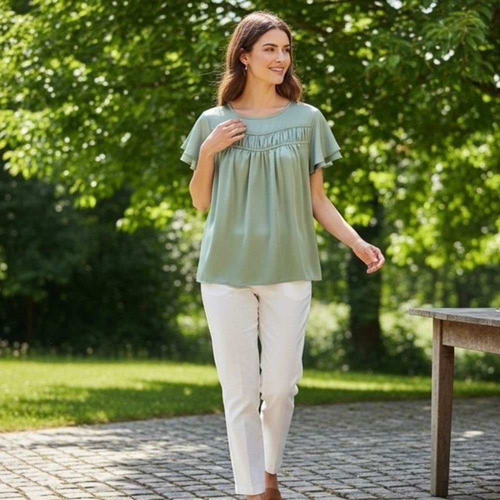 Candace Cameron Bure Yoke Top Womens Large Sage Green Ruffle Trim Flutter Sleeve